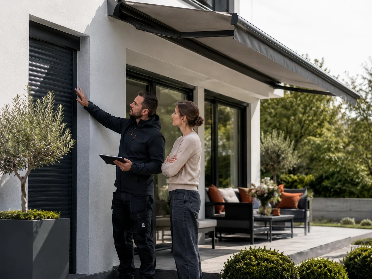 Technicien Volea Store en diagnostic avec une cliente devant un volet roulant et un store banne